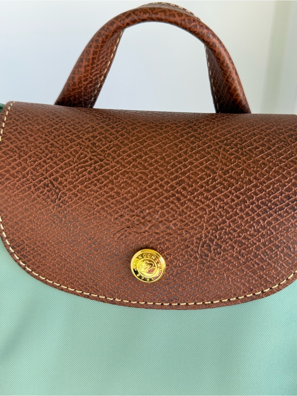 Longchamp Pliage Light Green Nylon Backpack with Brown Trim - Picture 5 of 6